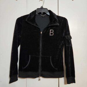 Large BCBG Y2K Bling Rhinestone Black Velour Zip Up Sporty Athleisure Jacket
